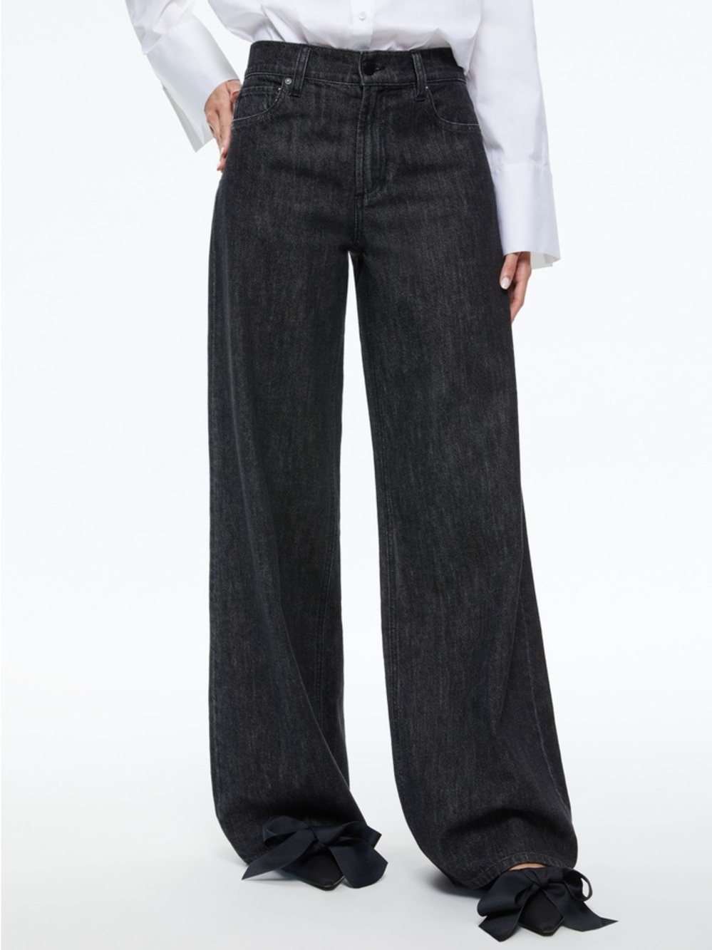 Alice + Olivia Trish Low Rise Baggy Wide Leg Jeans 32 Black Dark Denim Slouchy - Picture 3 of 12